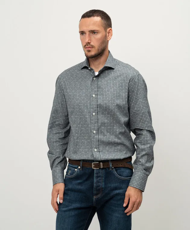 Brunello Cucinelli Blue shirt in a geometric pattern