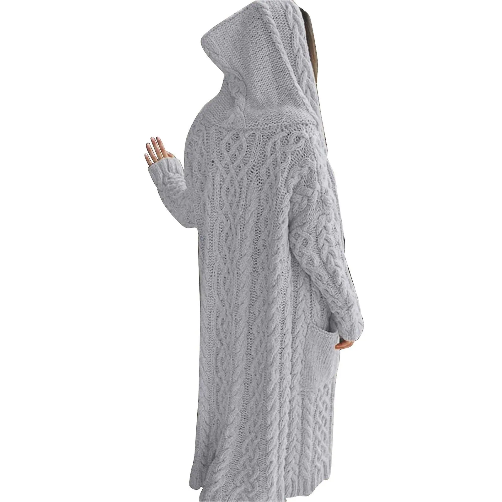 Casual Knitted Ropa de abrigo larga con capucha Gruesa Largo Cardigan Suéter Mujer