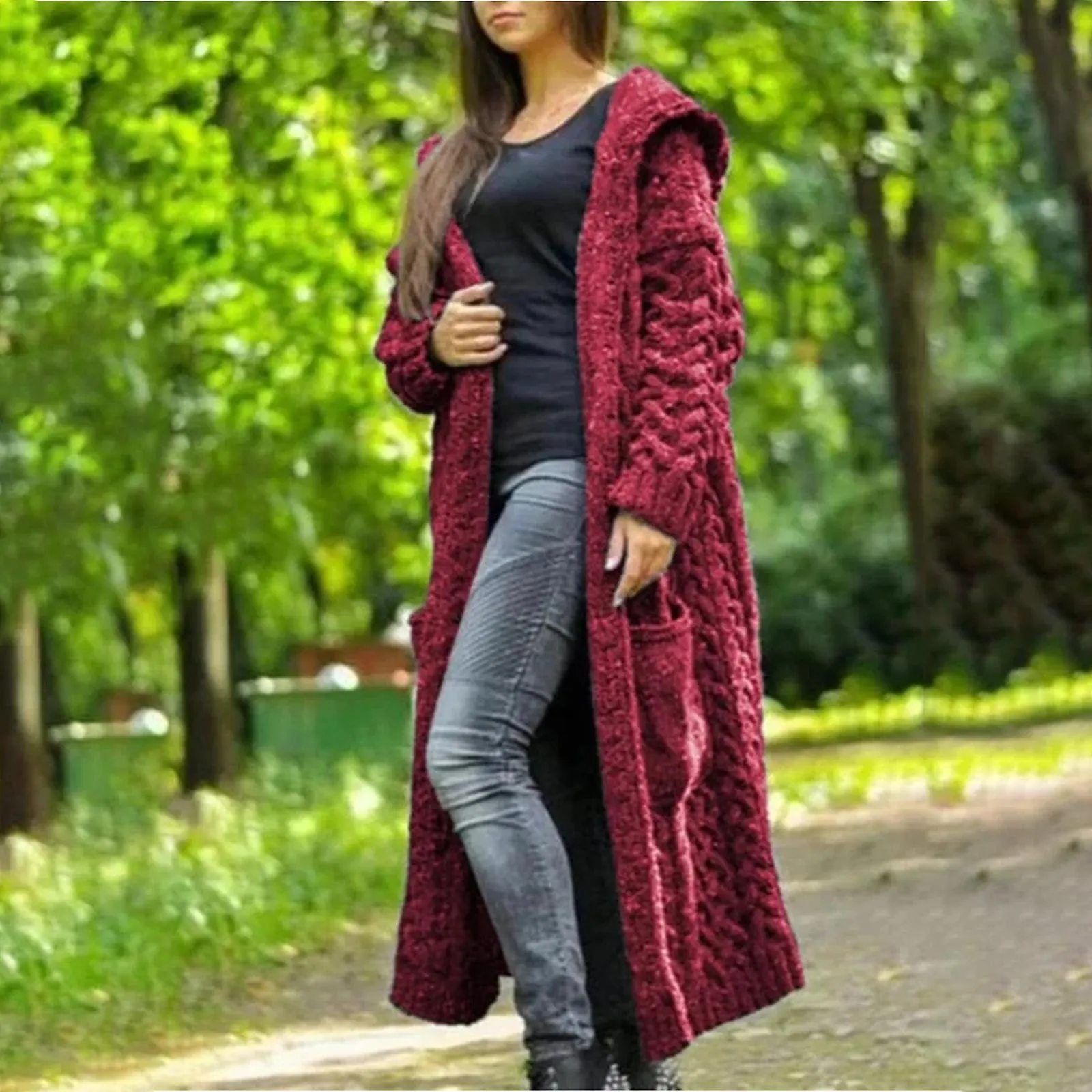 Casual Knitted Ropa de abrigo larga con capucha Gruesa Largo Cardigan Suéter Mujer