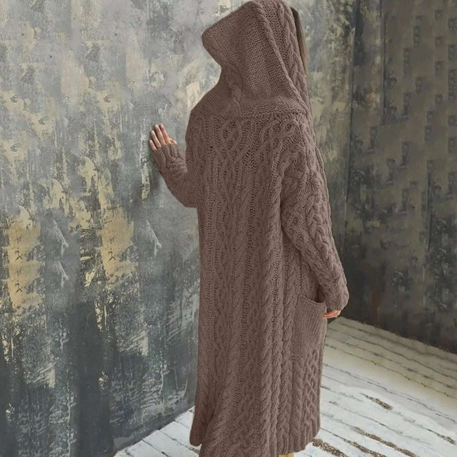 Casual Knitted Ropa de abrigo larga con capucha Gruesa Largo Cardigan Suéter Mujer