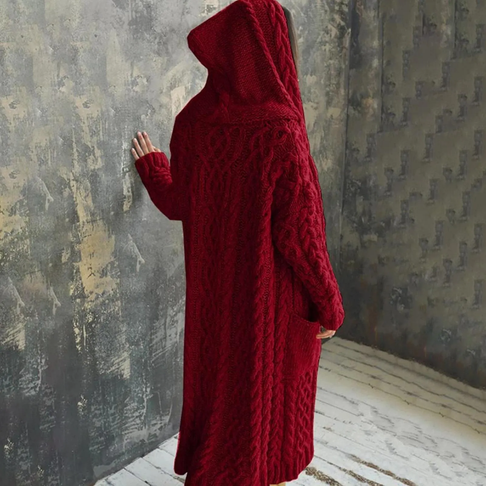 Casual Knitted Ropa de abrigo larga con capucha Gruesa Largo Cardigan Suéter Mujer