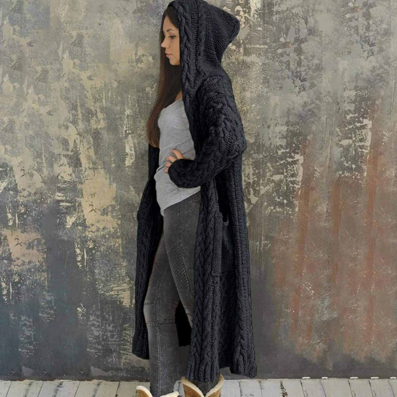 Casual Knitted Ropa de abrigo larga con capucha Gruesa Largo Cardigan Suéter Mujer