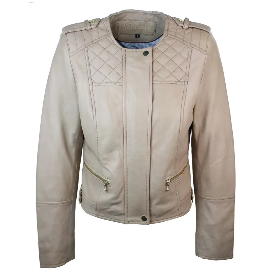 Chaqueta de cuero de cuero de cordero real estilo motero color crema para mujer