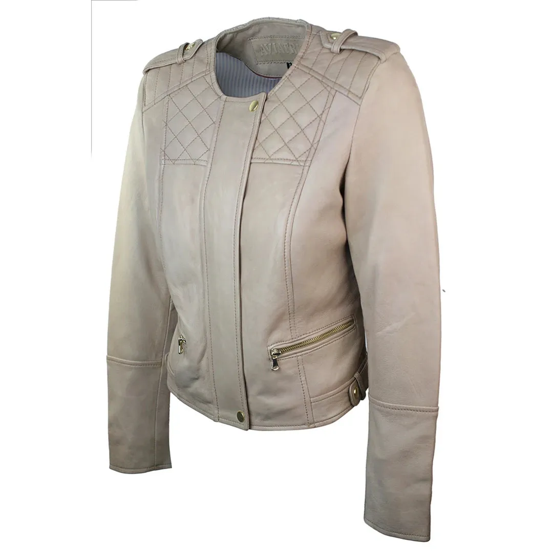 Chaqueta de cuero de cuero de cordero real estilo motero color crema para mujer
