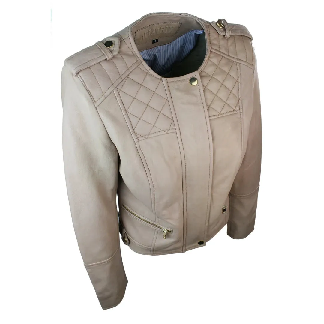 Chaqueta de cuero de cuero de cordero real estilo motero color crema para mujer