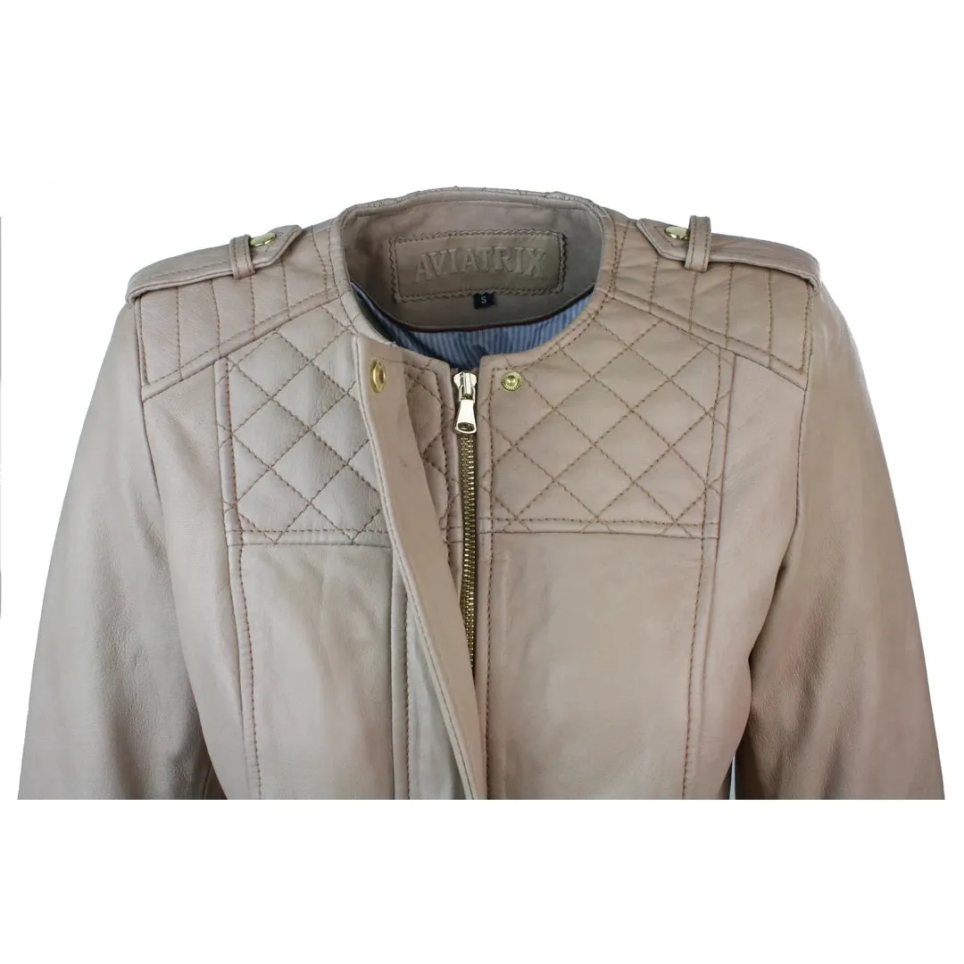 Chaqueta de cuero de cuero de cordero real estilo motero color crema para mujer