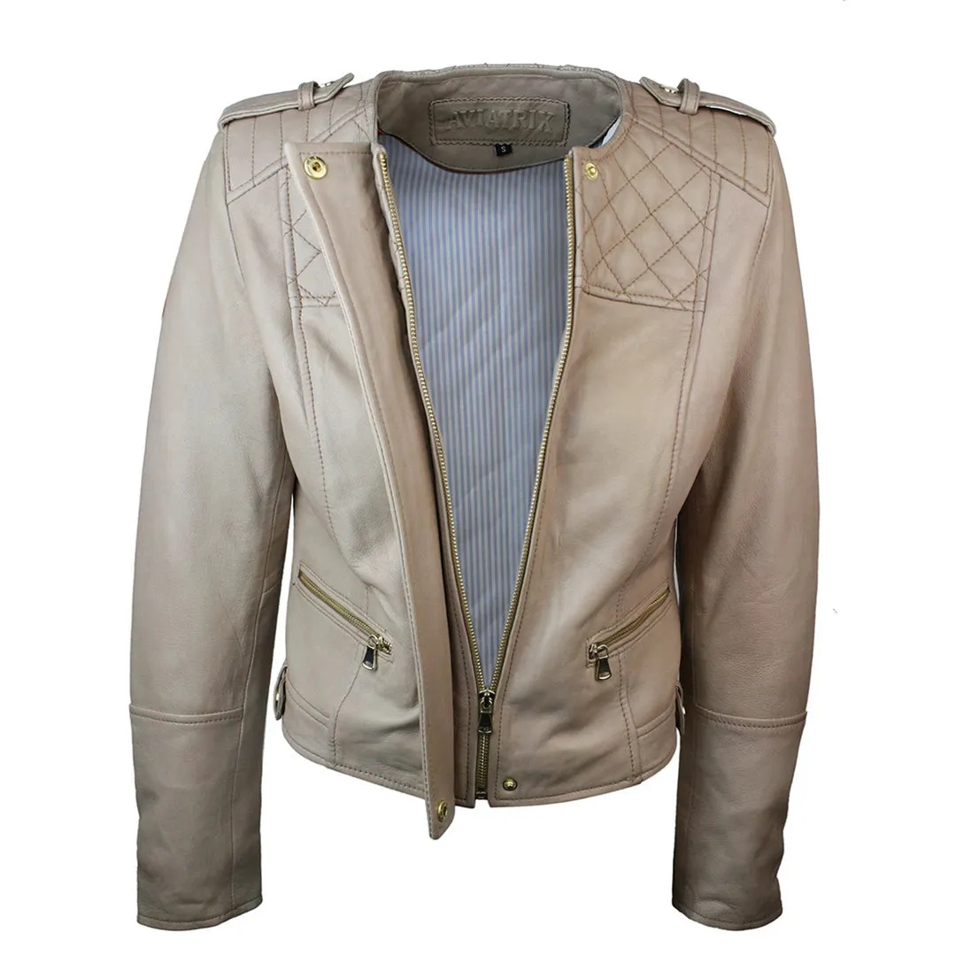 Chaqueta de cuero de cuero de cordero real estilo motero color crema para mujer