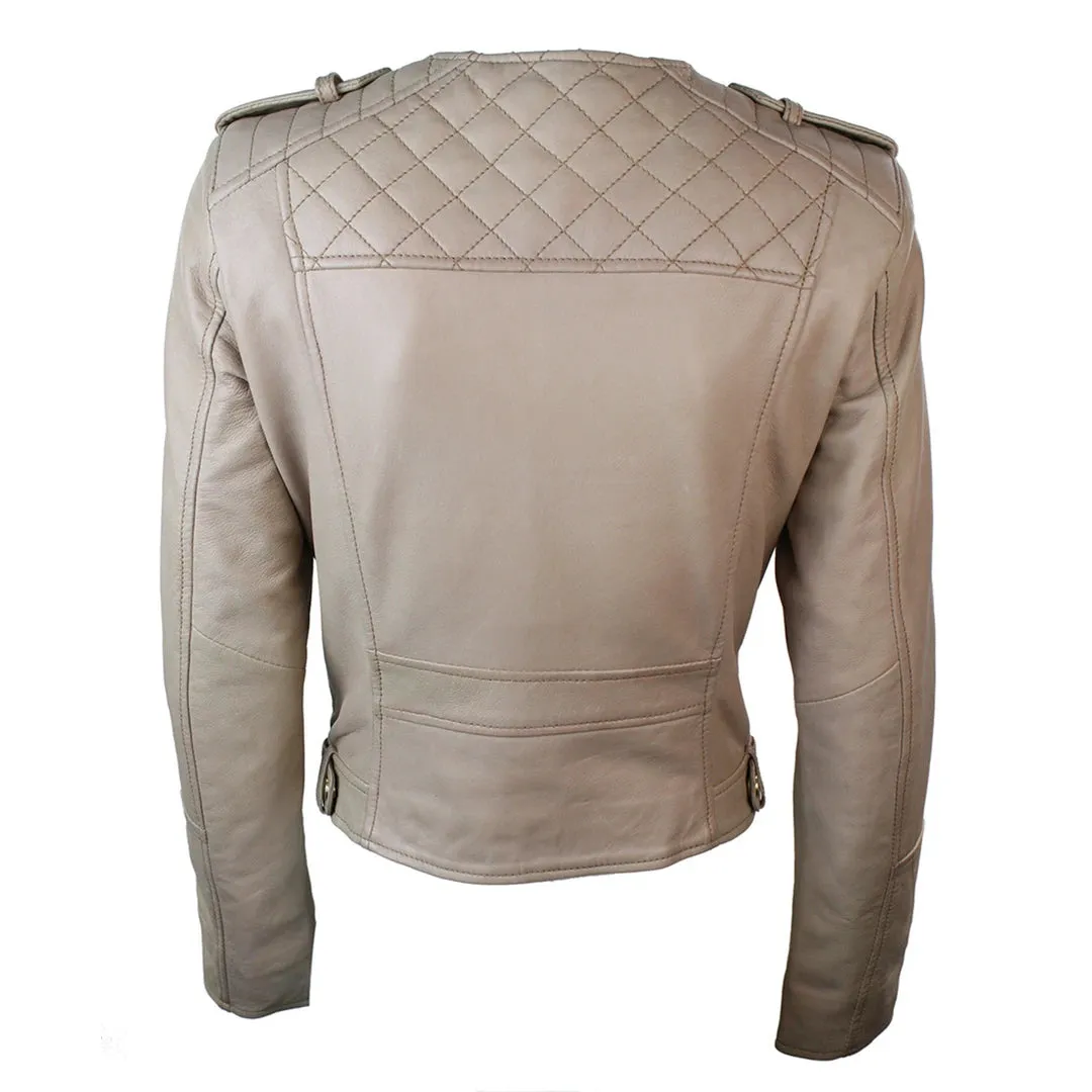 Chaqueta de cuero de cuero de cordero real estilo motero color crema para mujer