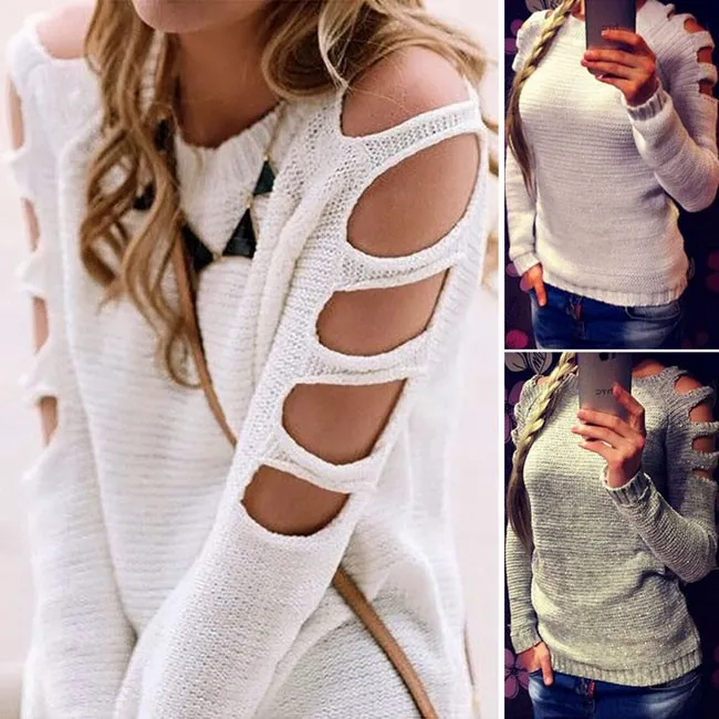 FASHION WOMEN'S SLEEVES HOLLOWDOUT SEXY PULLOVER ROUND NECK COLLAR SWEATER