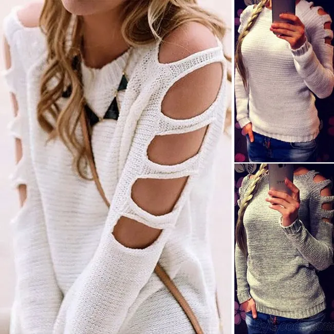 FASHION WOMEN'S SLEEVES HOLLOWDOUT SEXY PULLOVER ROUND NECK COLLAR SWEATER