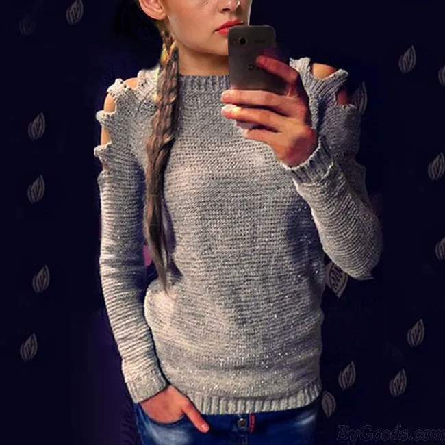 FASHION WOMEN'S SLEEVES HOLLOWDOUT SEXY PULLOVER ROUND NECK COLLAR SWEATER