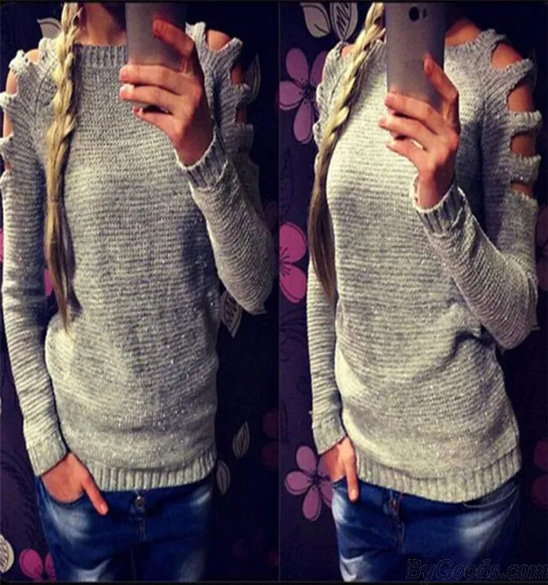 FASHION WOMEN'S SLEEVES HOLLOWDOUT SEXY PULLOVER ROUND NECK COLLAR SWEATER