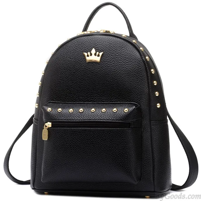 Leisure Lady Rucksack Punk Crown Rivet PU School Backpack