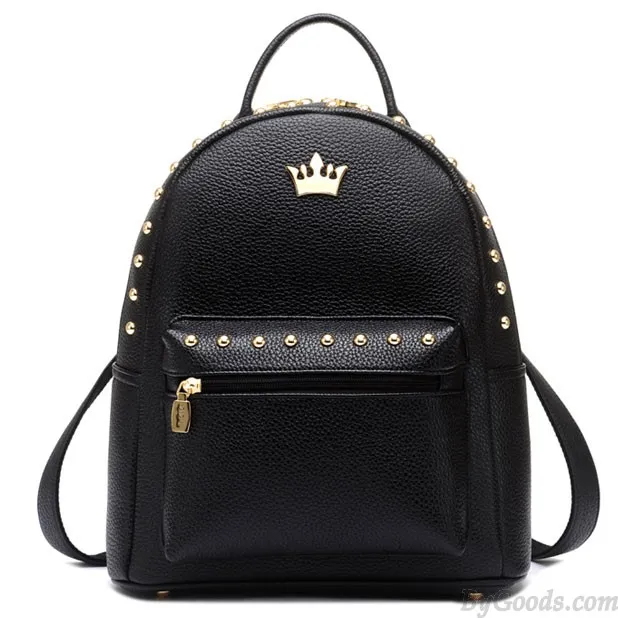 Leisure Lady Rucksack Punk Crown Rivet PU School Backpack