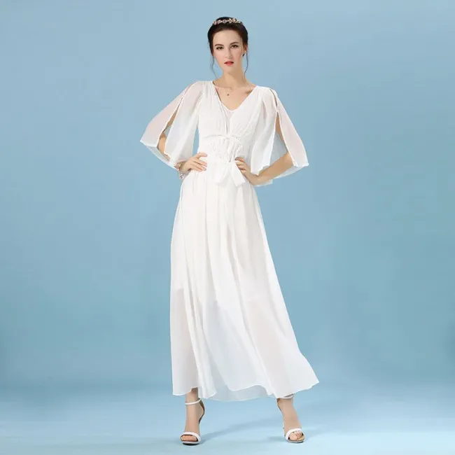 Leisure White Mesh Chiffon Middle Sleeve V Neck Pure Color Mid Summer Dress