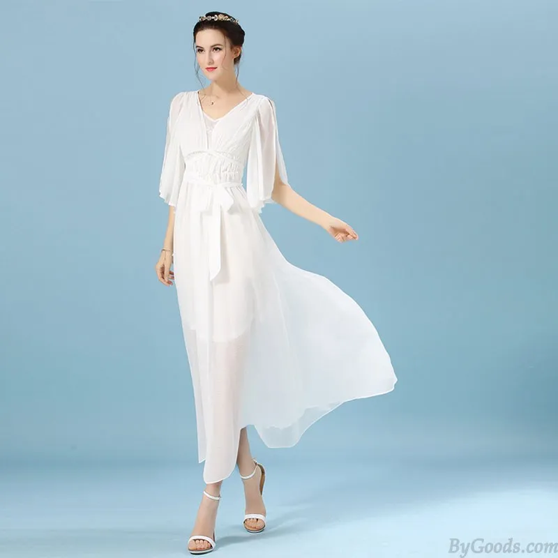 Leisure White Mesh Chiffon Middle Sleeve V Neck Pure Color Mid Summer Dress