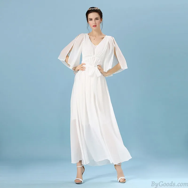 Leisure White Mesh Chiffon Middle Sleeve V Neck Pure Color Mid Summer Dress