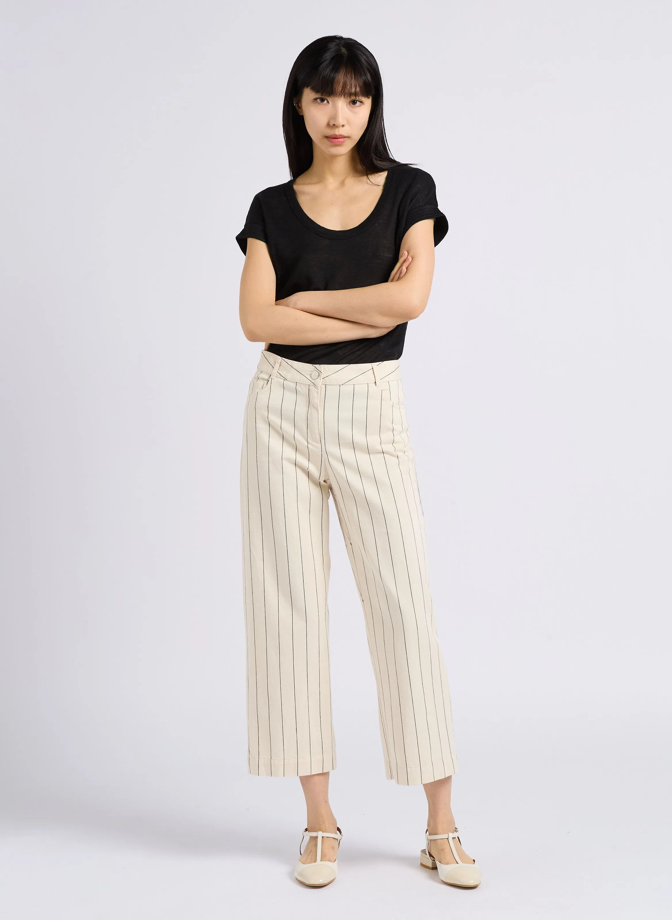 MAEL  PANTALóN ANCHO DE ALGODóN A RAYAS EN BEIGE