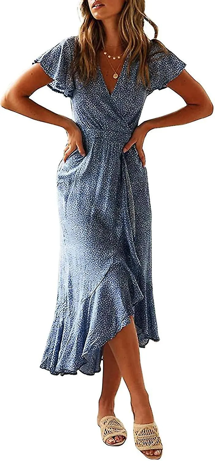 Mujer Bohemian Fl Printed Wrap V Neck Short Sleeve Split Beach Maxi