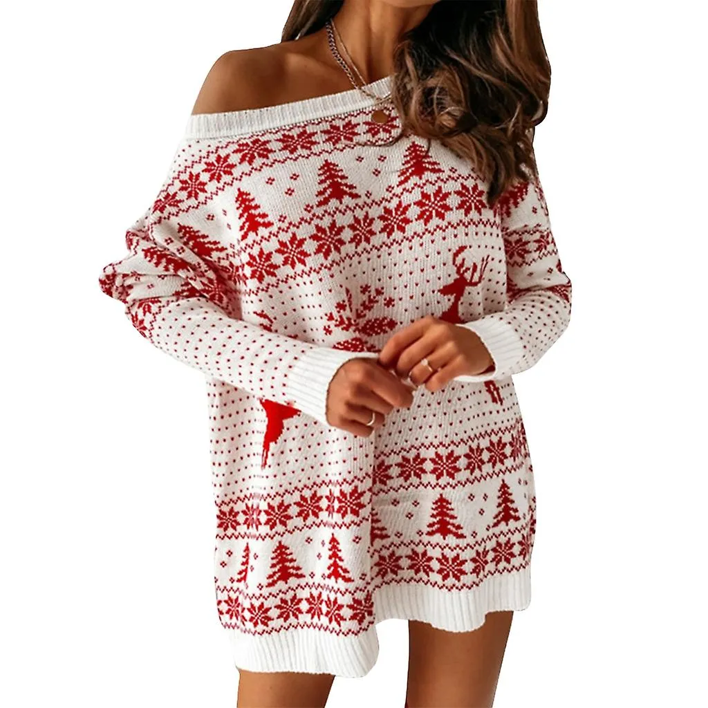 Mujer Lindo Navidad Suéter de gran tamaño Vestido de reno Copo de nieve Jacquard Top