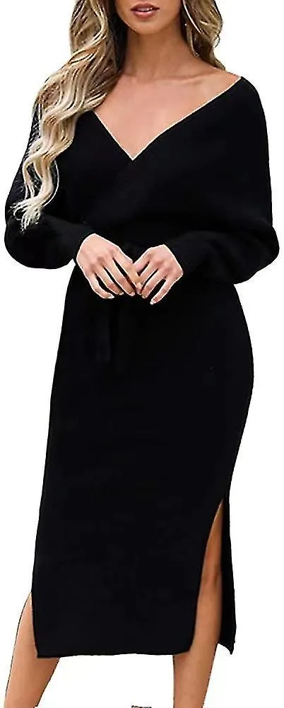 Mujer V Cuello Largo Batwing Manga Envoltura Midi Knit Suéter Vestido Elegante Sin Espalda Con Cinturón Hendidura