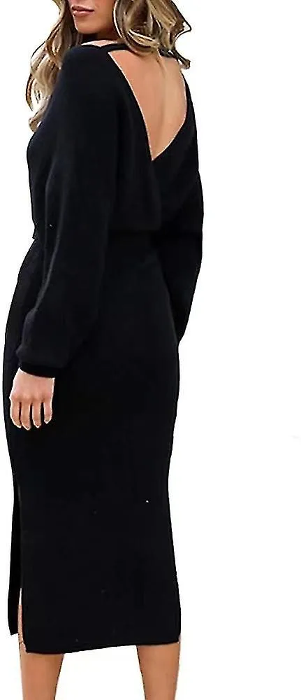 Mujer V Cuello Largo Batwing Manga Envoltura Midi Knit Suéter Vestido Elegante Sin Espalda Con Cinturón Hendidura