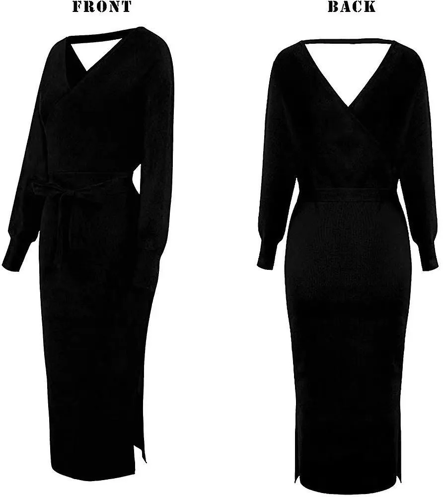 Mujer V Cuello Largo Batwing Manga Envoltura Midi Knit Suéter Vestido Elegante Sin Espalda Con Cinturón Hendidura