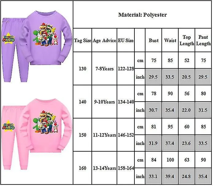 Niños Niños Niñas Super Mario Pijama Camiseta de manga larga Pantalones Ropa de dormir Pjs Set Pijamas Ropa de salón Trajes Edad