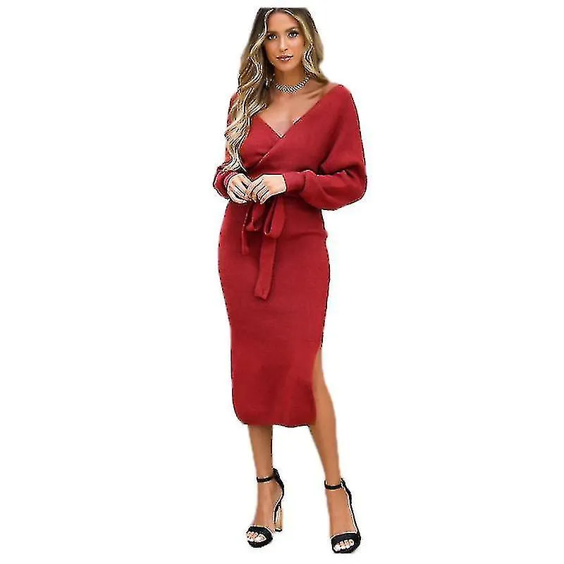Nuevo vestido de suéter de cuello en V delgado de punto para mujer