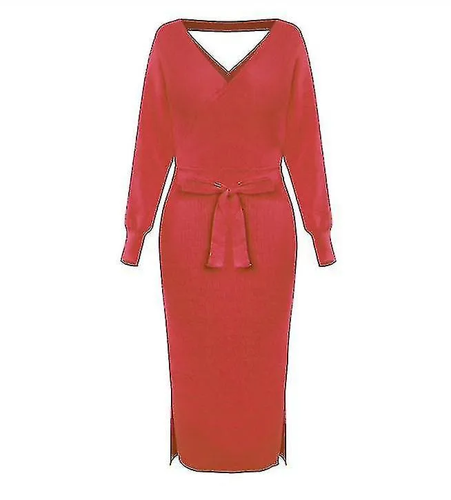 Nuevo vestido de suéter de cuello en V delgado de punto para mujer