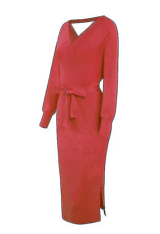 Nuevo vestido de suéter de cuello en V delgado de punto para mujer