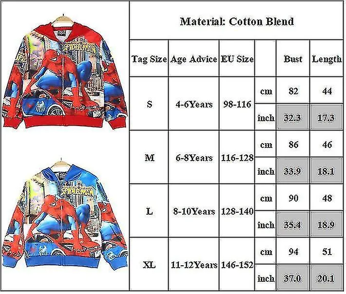OTWOO 412 AñOS NIñOS NIñOS NIñAS SPIDERMAN ESTAMPADO CHAQUETA CON CAPUCHA CREMALLERA ABRIGO ROPA EXTERIOR