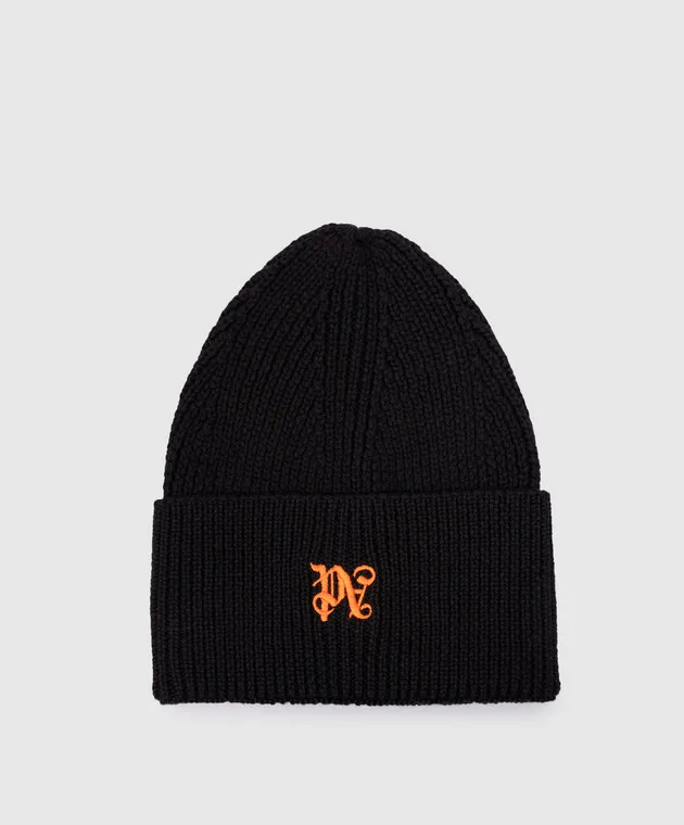 Palm Angels Black wool cap with monogram logo embroidery