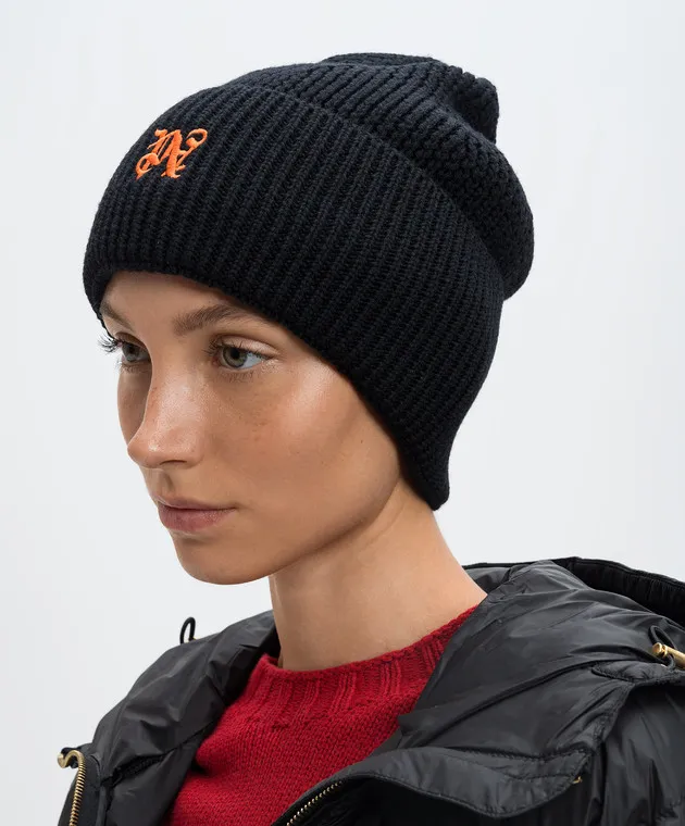 Palm Angels Black wool cap with monogram logo embroidery