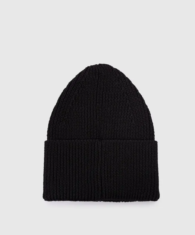 Palm Angels Black wool cap with monogram logo embroidery