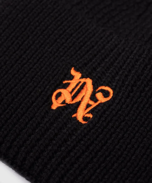 Palm Angels Black wool cap with monogram logo embroidery