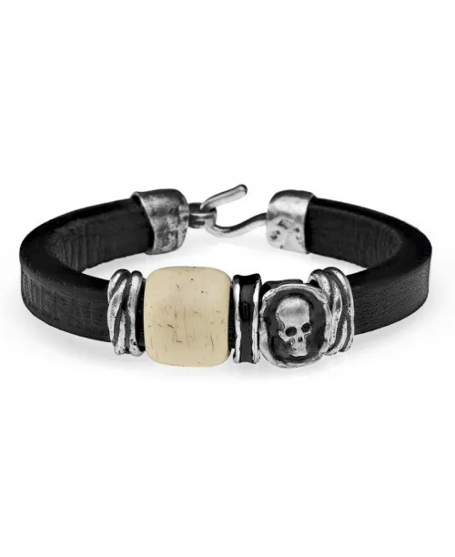 Pulsera Skull cuero, plata