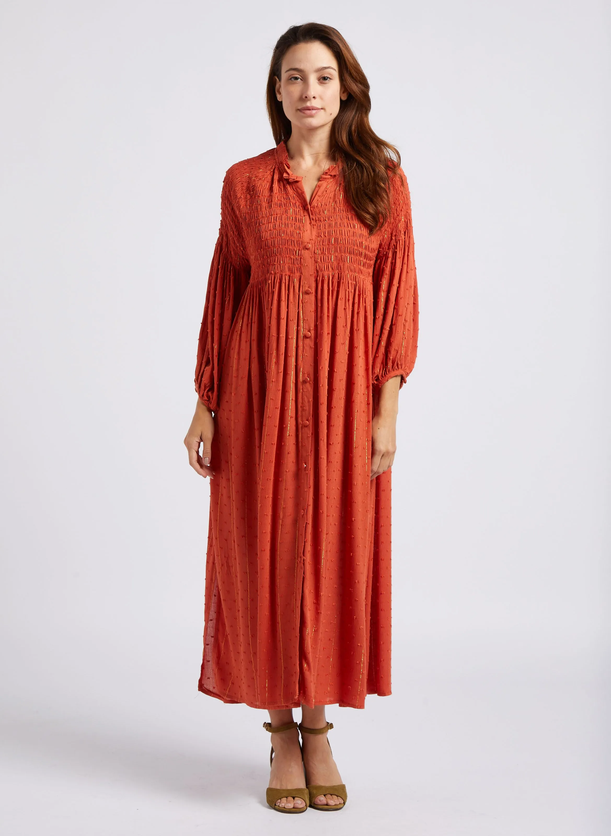 REANNE  VESTIDO LARGO HOLGADO CUELLO REDONDO DE ALGODóN A RAYAS EN NARANJA