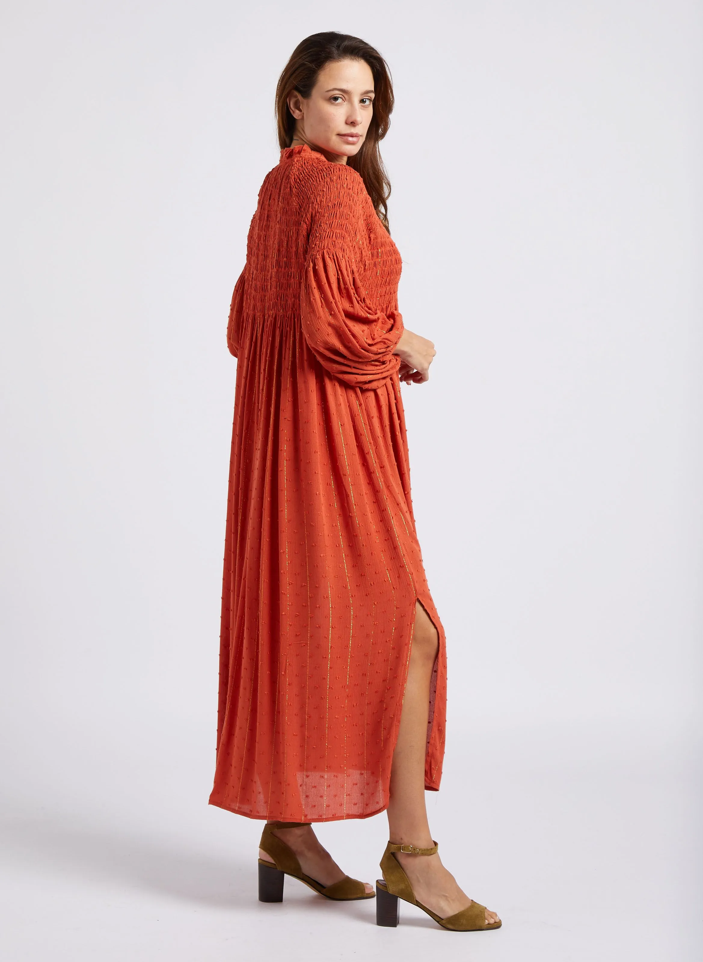 REANNE  VESTIDO LARGO HOLGADO CUELLO REDONDO DE ALGODóN A RAYAS EN NARANJA
