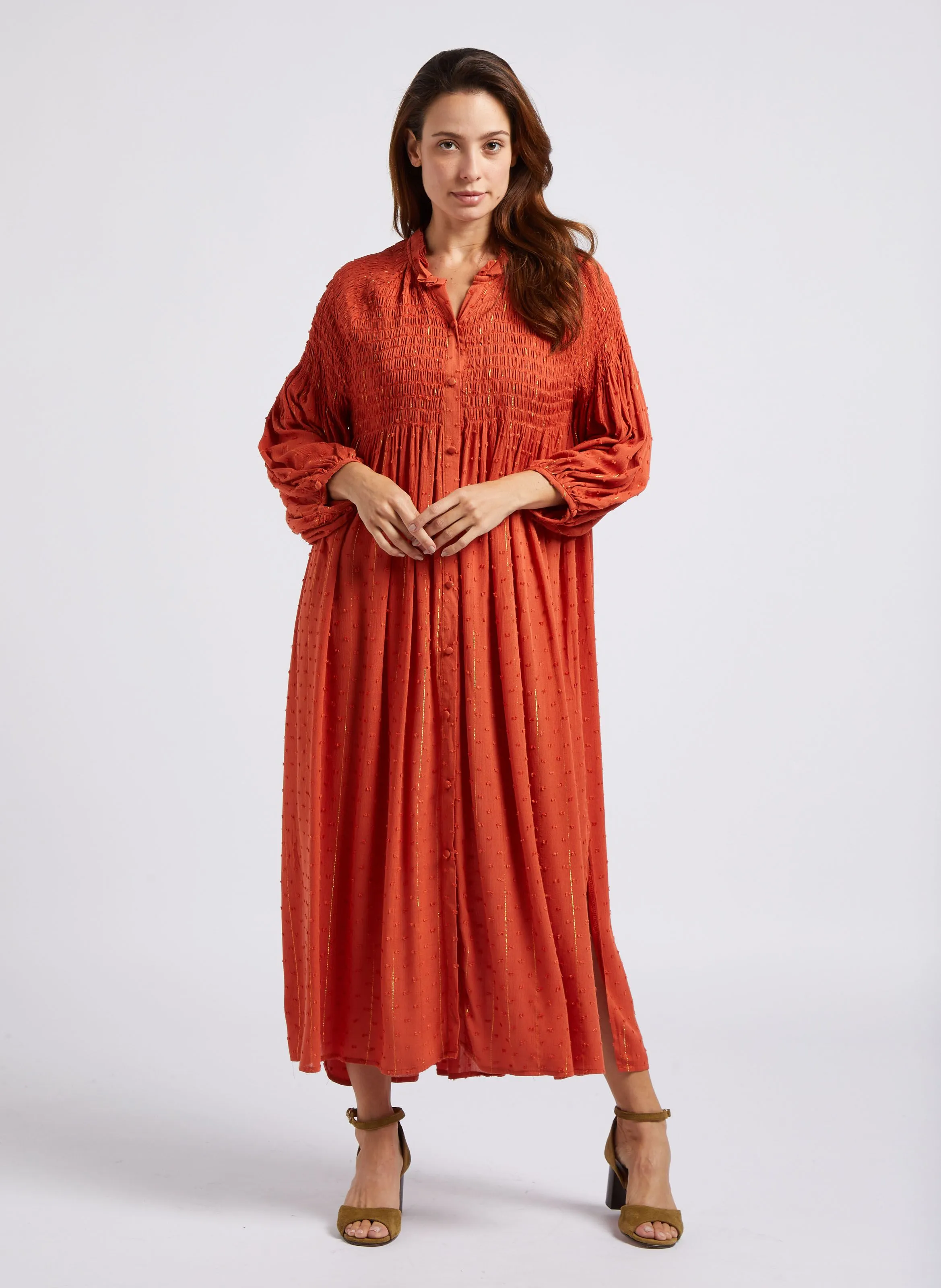 REANNE  VESTIDO LARGO HOLGADO CUELLO REDONDO DE ALGODóN A RAYAS EN NARANJA
