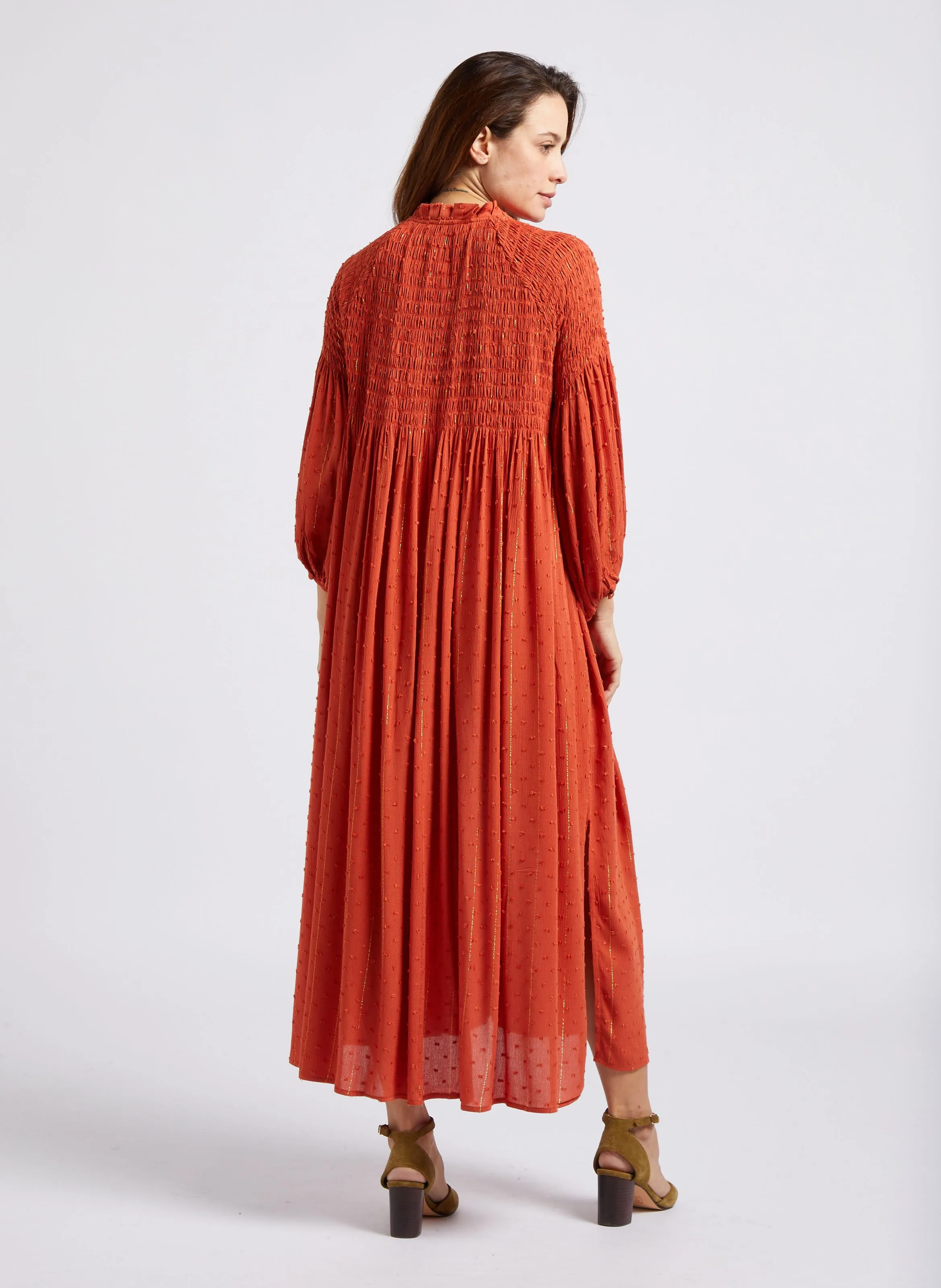 REANNE  VESTIDO LARGO HOLGADO CUELLO REDONDO DE ALGODóN A RAYAS EN NARANJA