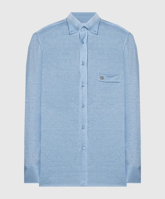 Stefano Ricci Blue linen shirt with metallic logo