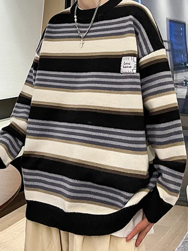 Suéter con cuello redondo a rayas de color en contraste para hombre