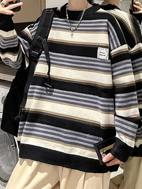 Suéter con cuello redondo a rayas de color en contraste para hombre
