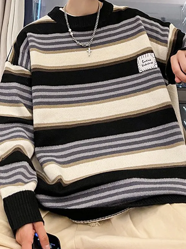 Suéter con cuello redondo a rayas de color en contraste para hombre