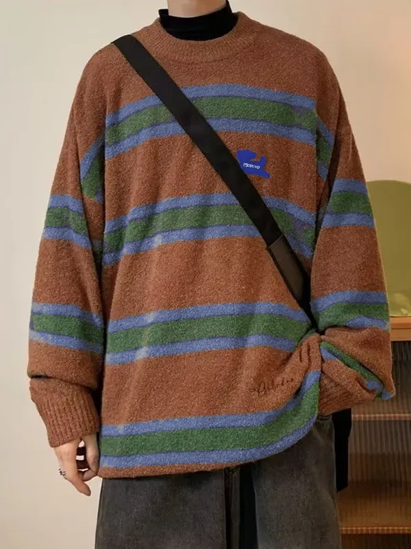 Suéter con cuello redondo de jacquard a rayas de color en contraste para hombre