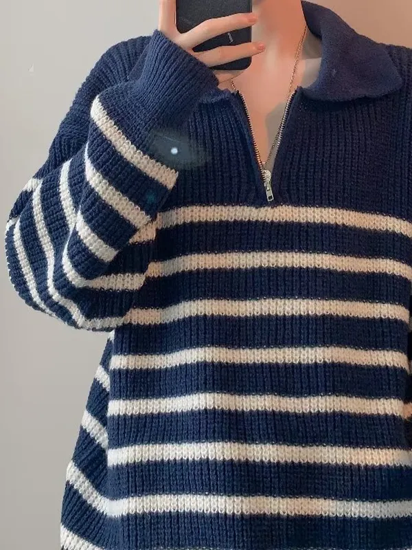 Suéter con media cremallera y cuello de solapa a rayas para hombre