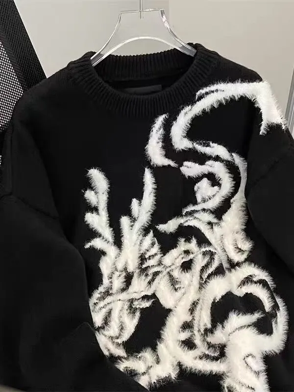 Suéter de cuello redondo borroso en jacquard con dragón para hombre