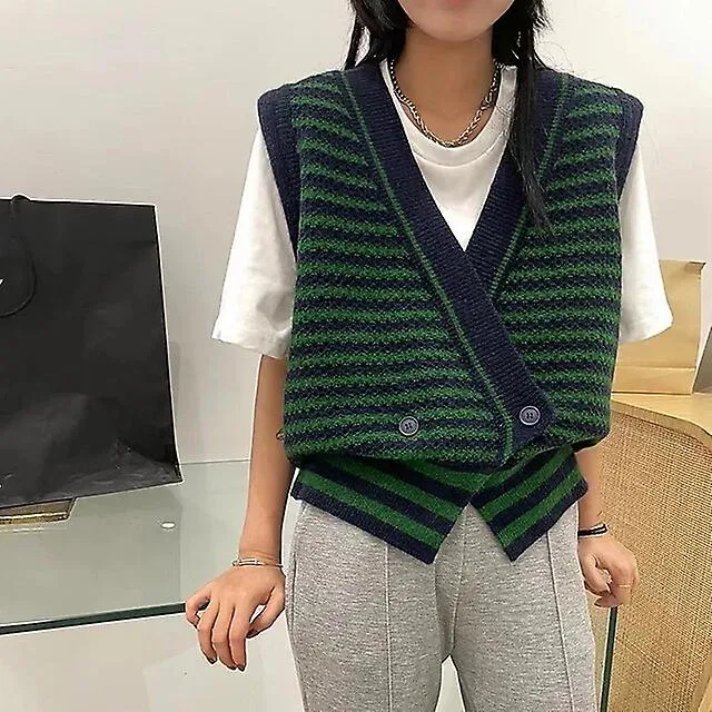 Suéter de mujer Suéter Chaleco Jersey Tejido de punto Rayas V Cuello Elegante Casual Daily Fall Spring Green Negro Una talla / s
