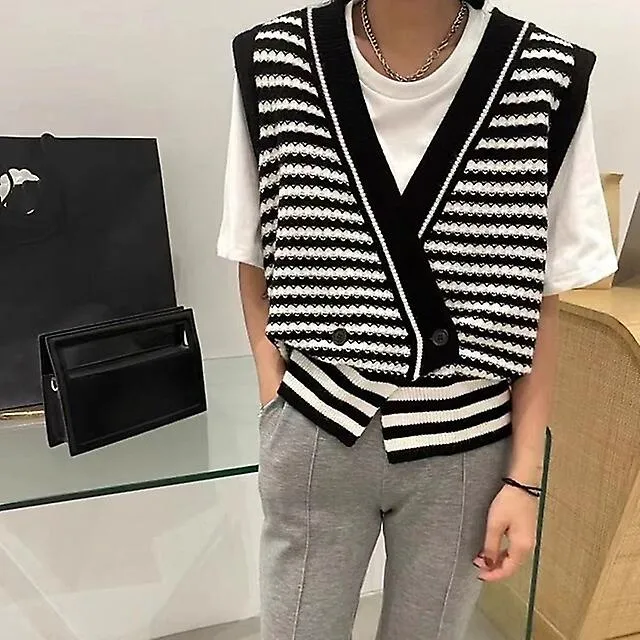 Suéter de mujer Suéter Chaleco Jersey Tejido de punto Rayas V Cuello Elegante Casual Daily Fall Spring Green Negro Una talla / s